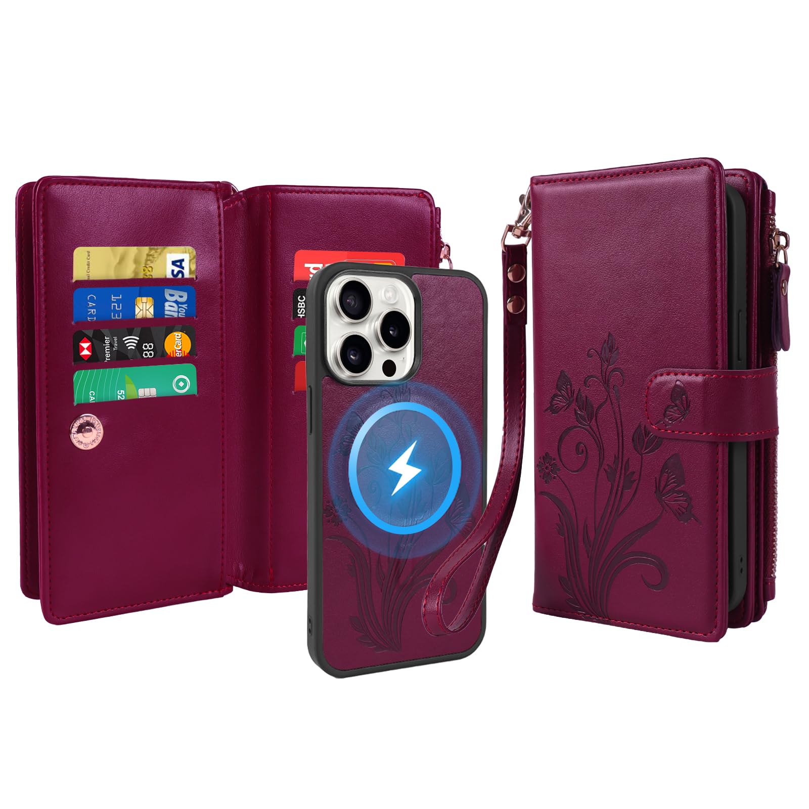 Lacass for iPhone 14 Pro Case Wallet,Compatible with MagSafe 2 in 1 Magnetic Detachable PU Leather RFID Blocking Wallet Cover Card Holder Zipper Wrist Strap Lanyard,Floral Wine Red