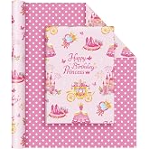 WERNNSAI Princess Wrapping Paper 17 In x 33 Ft Pink Gift Wrap for Girls | Wrapping Paper Birthday Girl,Carriage Castle Wrapping Paper,Reversible Polka Dot Design,Princess Party Decoration