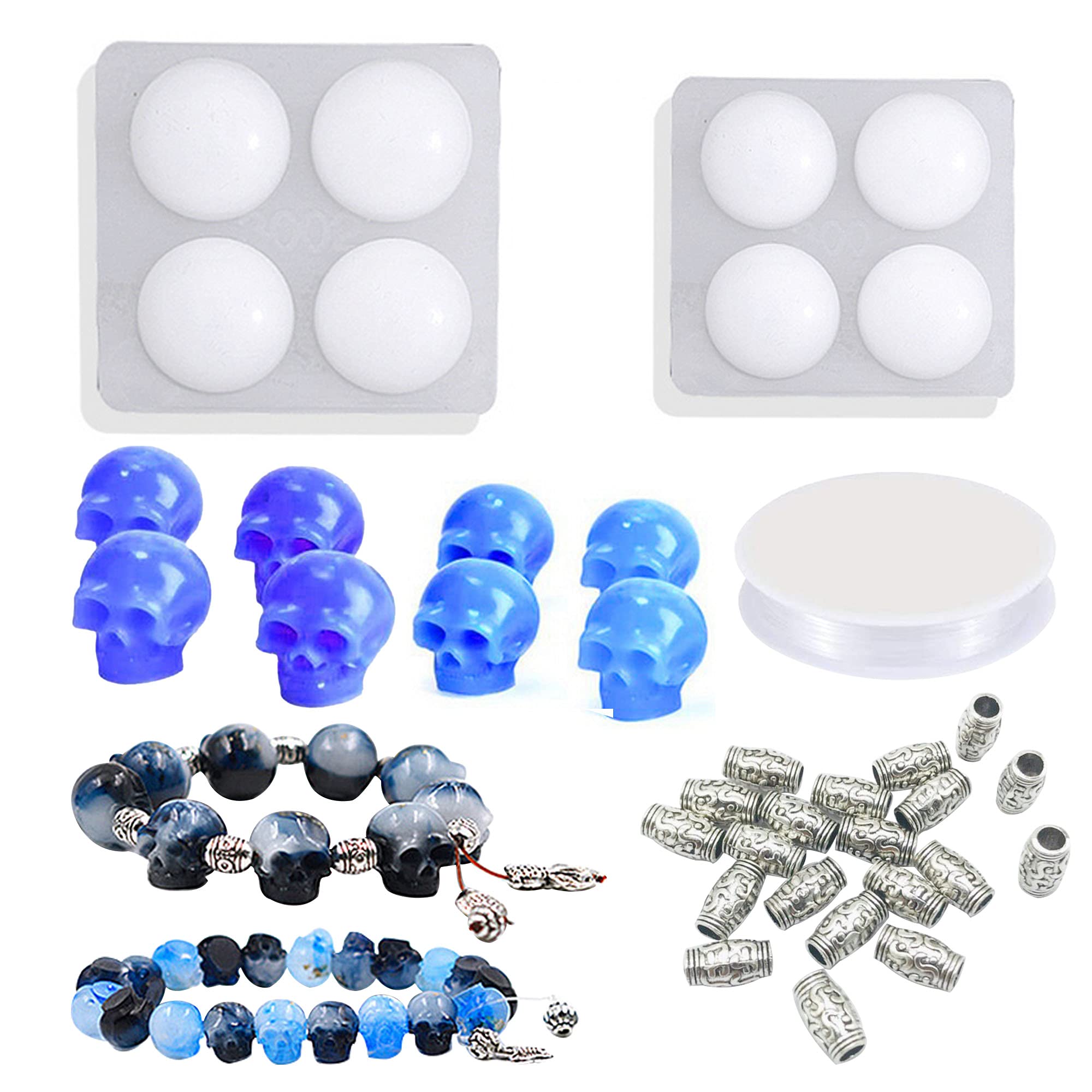 Woohome Beads Resin Moulds Set, 2 PCS Skull Resin Casting Mould Epoxy Resin Moulds with String, Bracelet Accessories for Bracelet, Gemstone Jewelry Casting