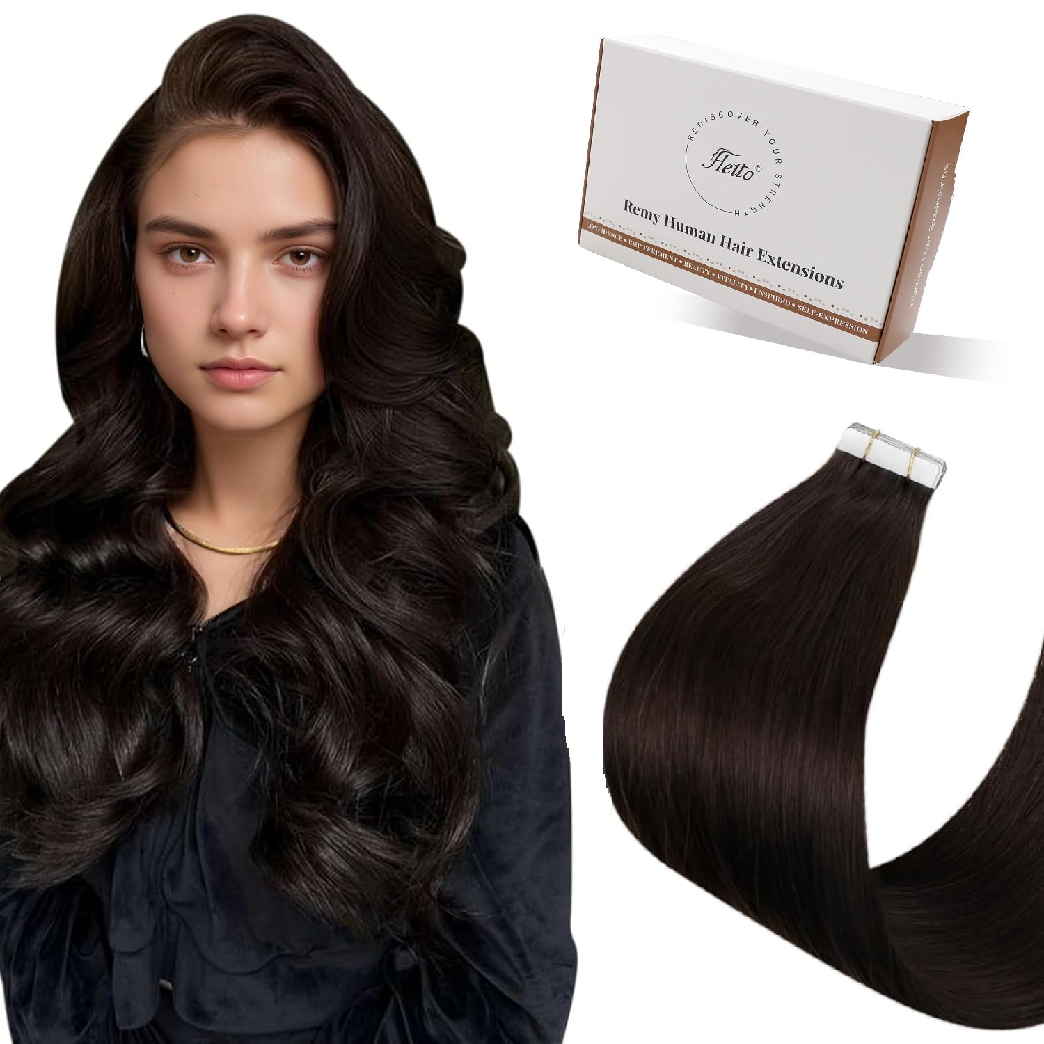 Hetto Tape Hair Extensions Real Human Hair Dark Brown 20 Inch - Invisible Tape in Hair Extensions Straight, Lightweight Easy Wear Seamless Tape Ins for Formal Events 20pcs 50g #2 — image 1