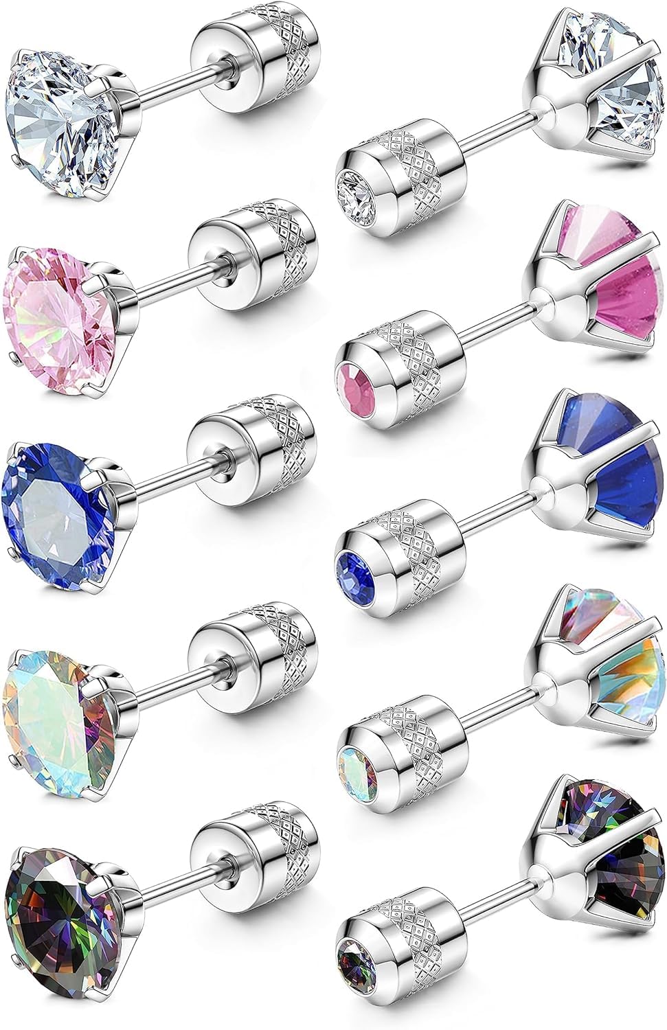 Jstyle 5 Pair Set, Women's, Men's, Popular, Double-sided, Single Earring, Zircon Helix Earrings, Screw Type, Stud Earrings Set, Zirconia, Stainless Steel, 0.7 oz (20 g), Hypoallergenic, Birthday Gift,