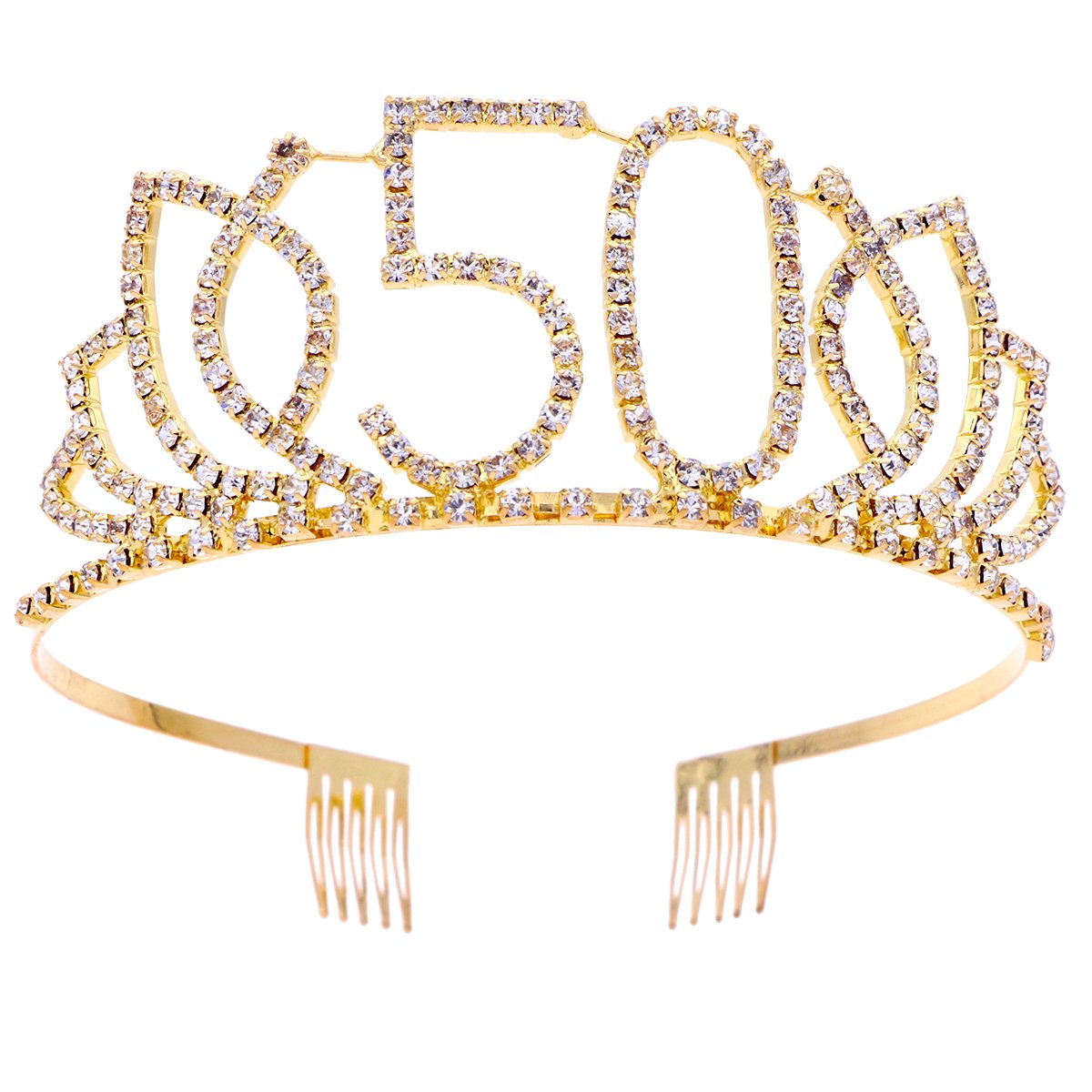 Frcolor 50th Birthday Tiara Crystal Rhinestone Women 50th Birthday Crown with Combs (Gold)