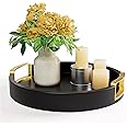 Round Decorative Tray - 12" Round Black Tray with Gold Metal Handles - Stain Resistant Serving Trays for Decor - Decorative Trays for Coffee Table, Ottoman, Bar, Vanity, Kitchen, Bedroom & More