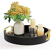Round Decorative Tray - 12 Inch Round Black Tray with Gold Metal Handles - Stain Resistant Serving Trays for Decor - Decorative Trays for Coffee Table, Ottoman, Bar, Vanity, Kitchen, Bedroom & More