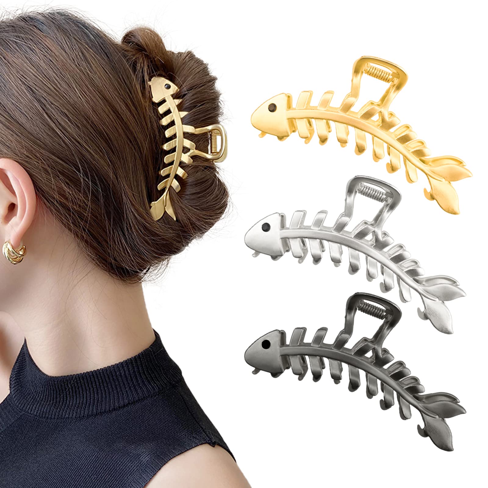 Photo 1 of 3 PACK Large Metal Hair Claw Clips Fish Bone Shape Hairpin Tail Hair Clamps Nonslip Hair Accessories for Thick and Thin Hair Styling