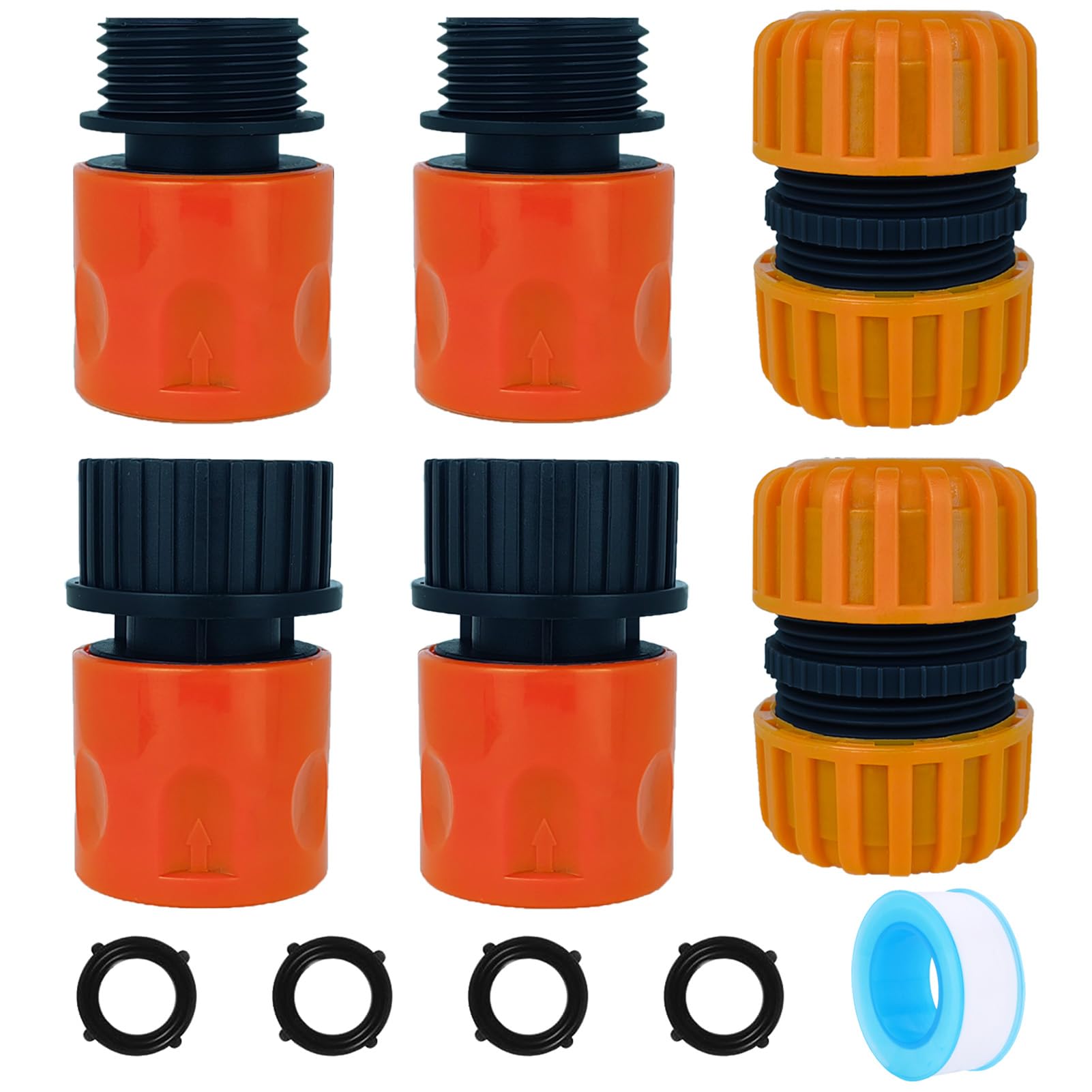 YUANBAO 3/4 Inch Garden Hose End Quick Connectors with Thread + Repair Connectors, Pipe Watering Fittings, PTFE Tape, 4pcs Rubber Washers