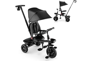 HONEY JOY Tricycle, All-in-1 Kids Trike Stroller w/Adjustable Push Handle & Canopy, Reversible Seat, Safety Belt, Folding Pedal, Cup Holder, Storage, Push Tricycle for Toddlers 1-5 Years Old (Black)