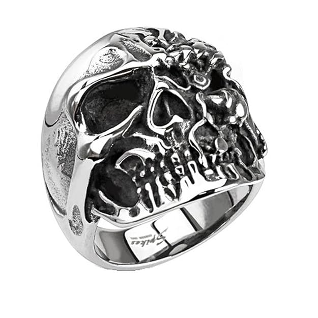 Paula & Fritz® Ring aus Edelstahl Chirurgenstahl 316L Schädel mit Zwei Gesichtern verfügbare Ringgrößen 60 (19) 75 (24) R-Q80