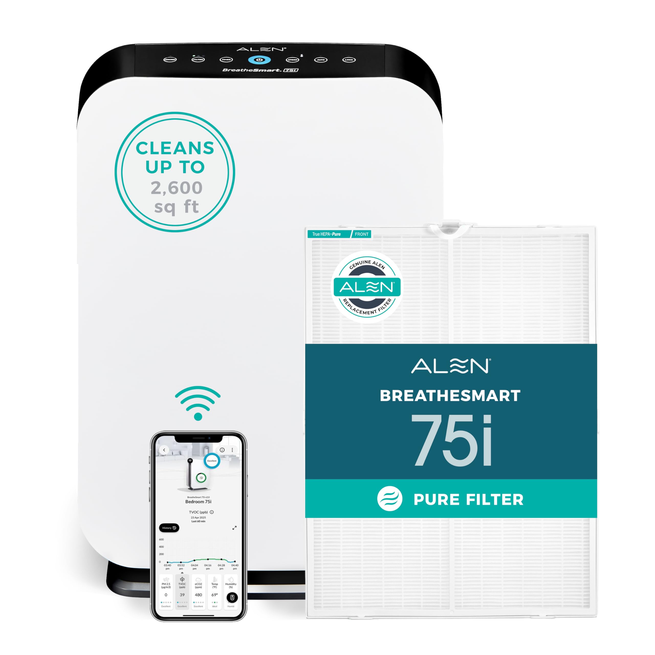 Photo 1 of Alen Air Purifer BreatheSmart 75i HEPA w/Pure Filter for Large Rooms up to 2600 Sq. Ft. - Perfect for Living Room & Kitchen - Captures Allergens, Dust, & Mold - White