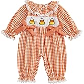 Newborn Baby Girl Halloween Outfit Doll Collar Pumpkin Jumpsuit Romper Ruffle Sleeve Bodysuit Long Overalls with Bow