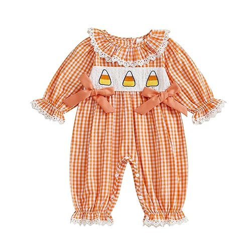 Newborn Baby Girl Halloween Baby Grow Gingham Print Long Puff Sleeve Romper My First Halloween Outfit (Gingham Orange, 6-12 Months)