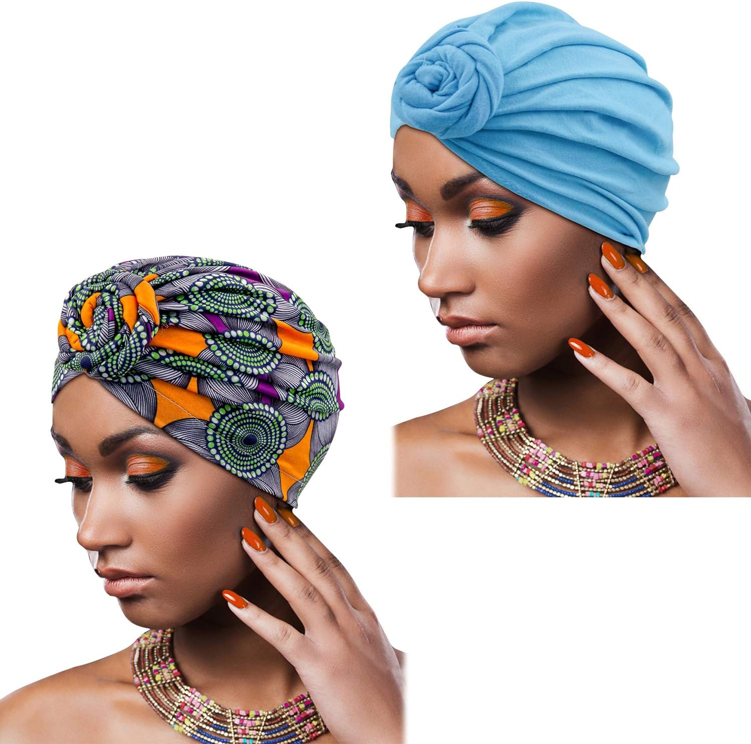 2 Packs African Turban Hats-Printing Pattern African Hair Scarves Caps and African Headwraps for Women