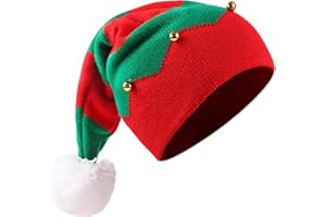 FOIMAS Christmas Knitted Hat, Knitted Christmas Elf Santa Hat with Jingle Bells and Pom Pom for Unisex Adults Xmas Holiday Winter Party Supplies, Red and Green