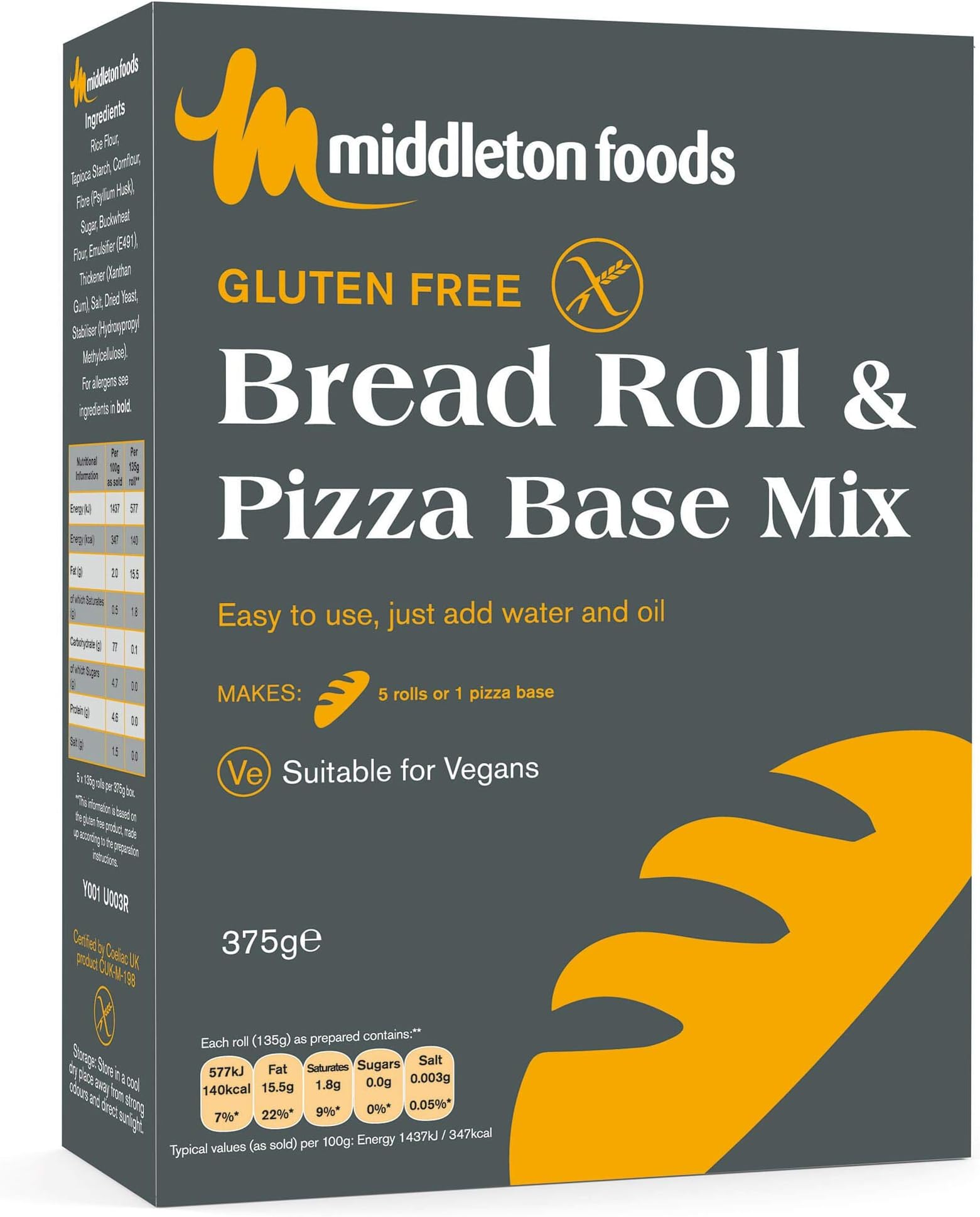 Middleton Gluten Free White Bread & Pizza Base Mix - 6x375g