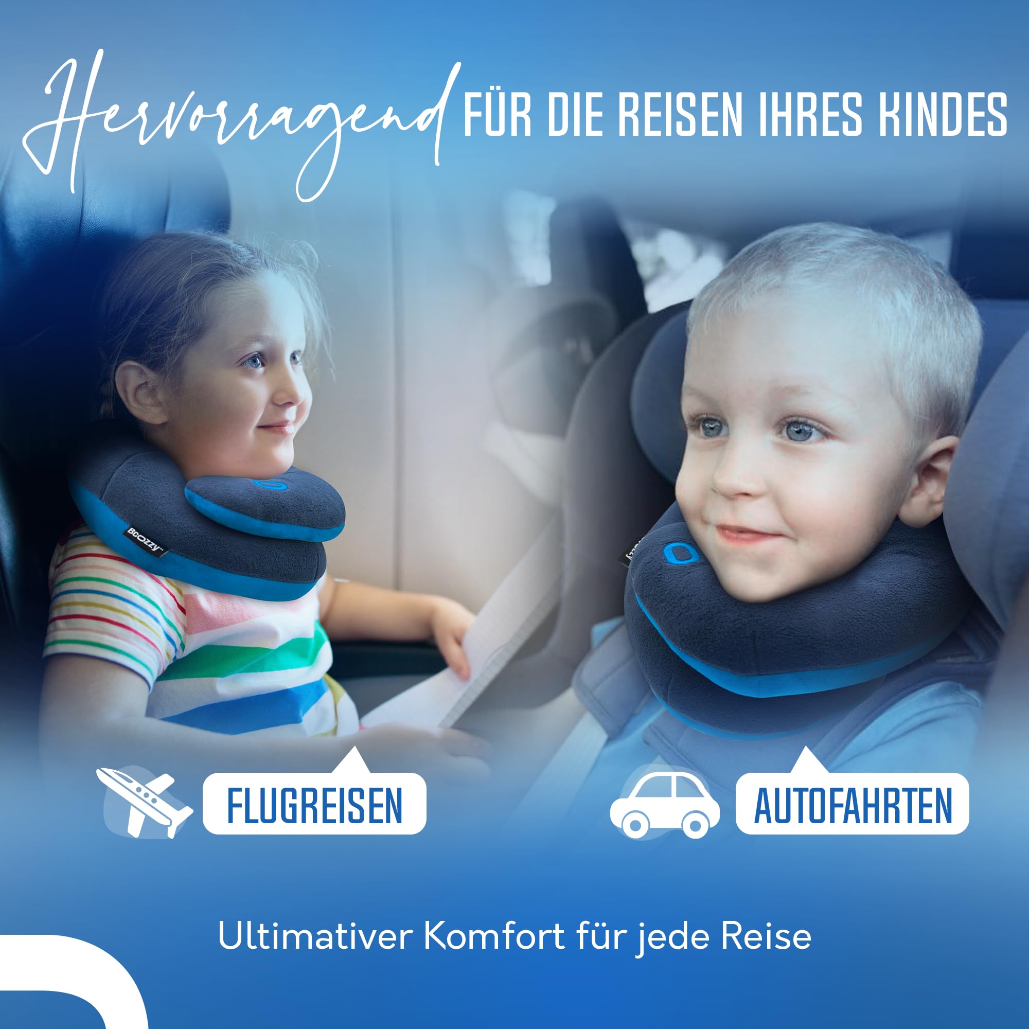 BCOZZY Kinder (3-7 J.) Auto Nackenkissen – Patentiertes Reisekissen für Kopfstütze im Kindersitz, Flugzeug und beim Schlafen auf Reisen. Weich. Verstellbar. Waschbar. Mit Tragetasche. Klein, Blau 4