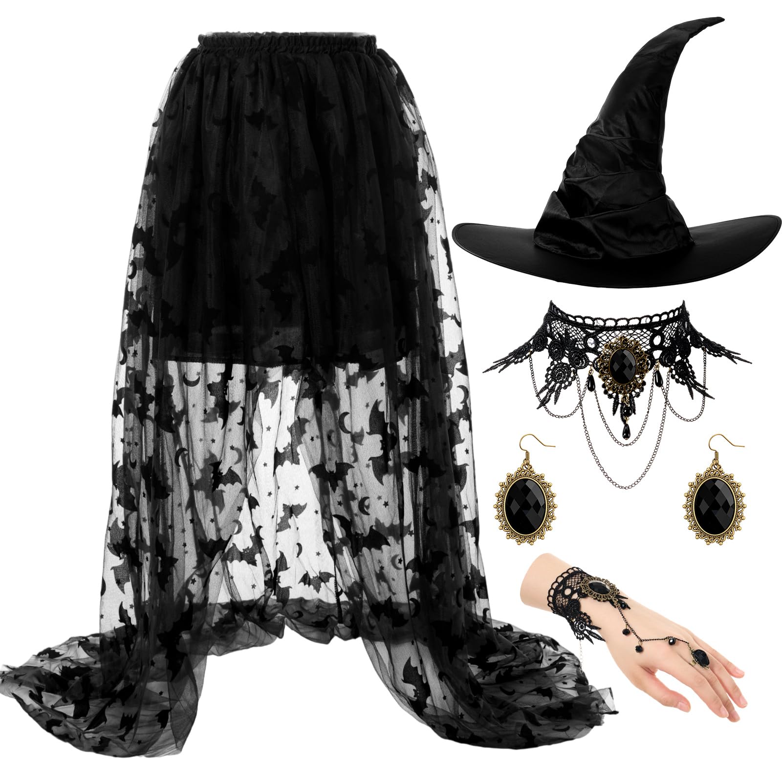 Photo 1 of (incomplete)(see all images) Yearntown Halloween Witch Costume for Women Steampunk Lace Skirt with Hat Necklace Bracelet Earrings Cosplay Set(X-Large)