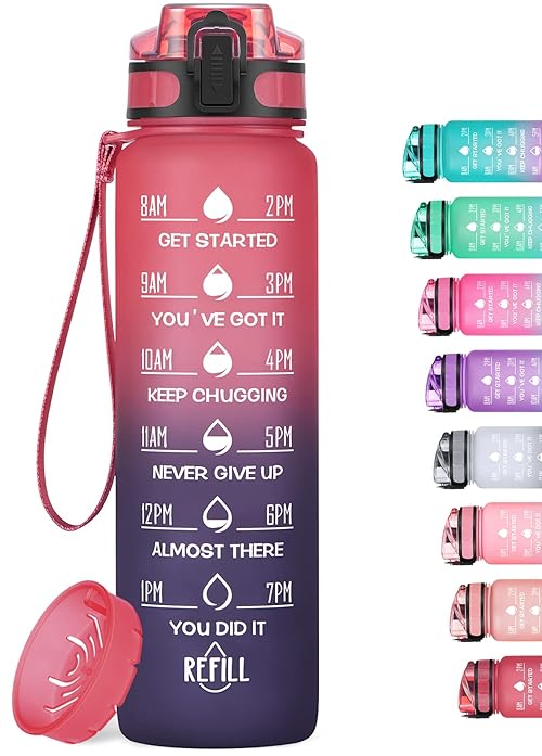 HydroPal 1L Sports Water Bottle, Slim Plastic Motivational Drink Bottle with Filter, Leakproof Water Bottle with Time Markings for Gym, Running, Travel, School, Office, Outdoor, BPA-free