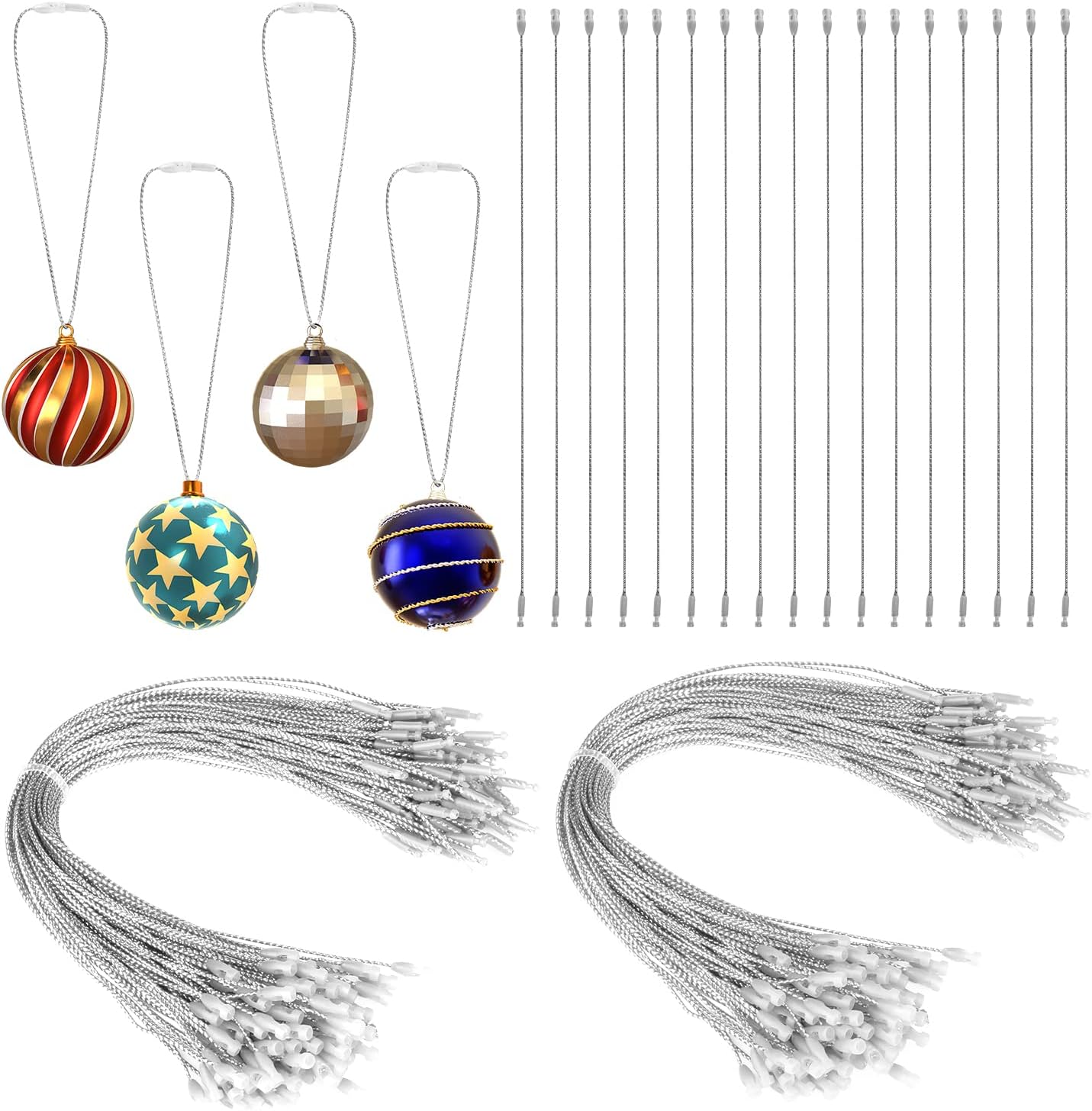 Ornament Hooks - 200pcs Christmas Ornament Hanger String, 8inch Metallic Ribbon for Ornament Hanging with Snap Fastener Ornaments Snap Cord for Christmas Hanging Decor Party Supplies (Silver)