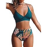 popvil High Waisted Bikini Sets for Women Tummy Control Swimsuits Sexy V Neck Two Piece Bathing Suit with Ruched Bottoms