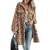 Zeavitt Women's Faux Fur Long Jacket Fleece Leopard Printed Button Down Coats Lapel Flannel Jacket Winter Fall Outwear