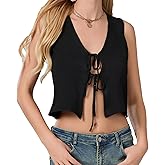 Women Tie Front Sweater Vest Top Sleeveless Y2k Knit V Neck Tank Tops Crochet Casual Going Out Tops Streetwear