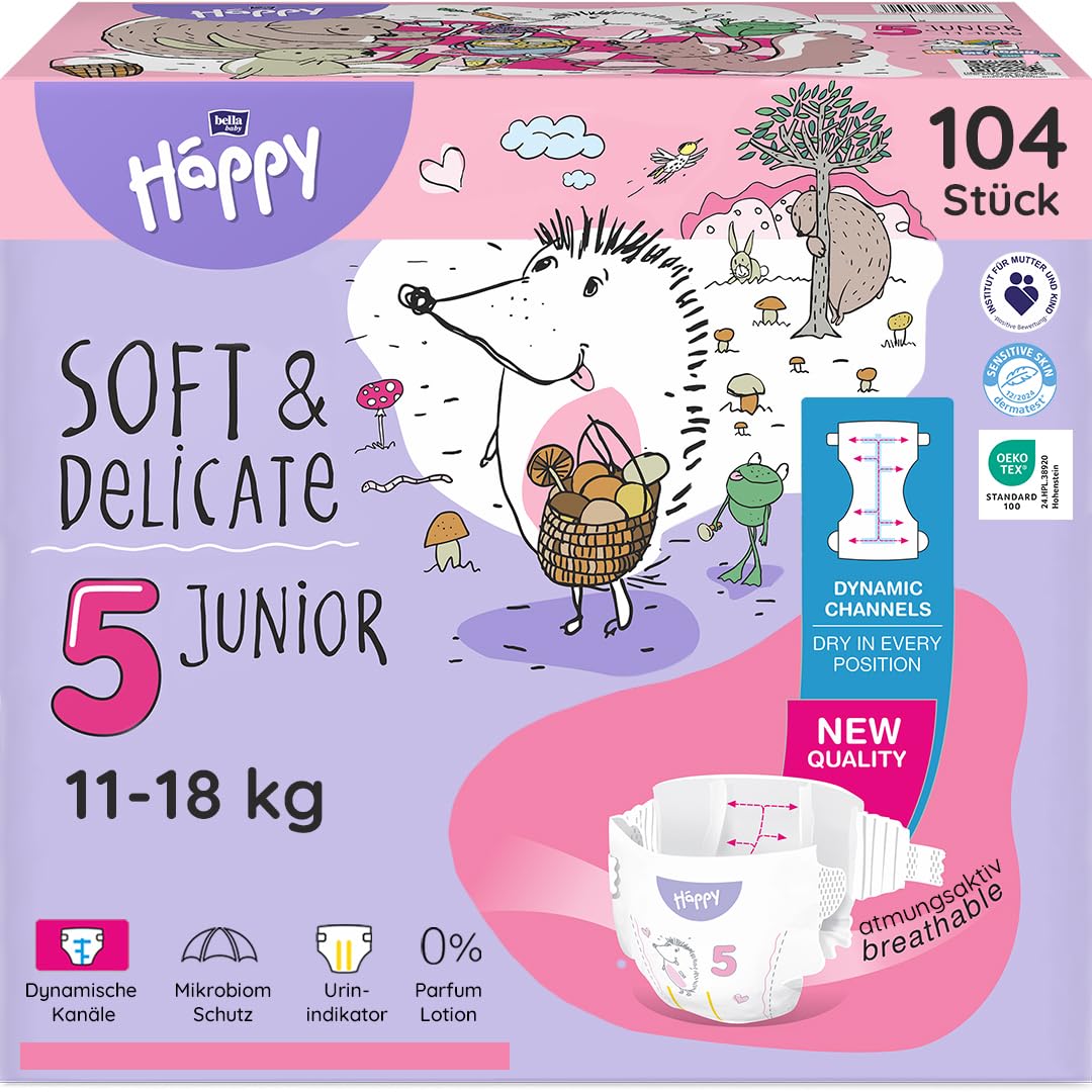 bella baby Happy Premium Windeln Größe 5 Junior 11-18 kg 104 Stück, DERMATEST & OEKO TEX Siegel, Babywindeln Einweg