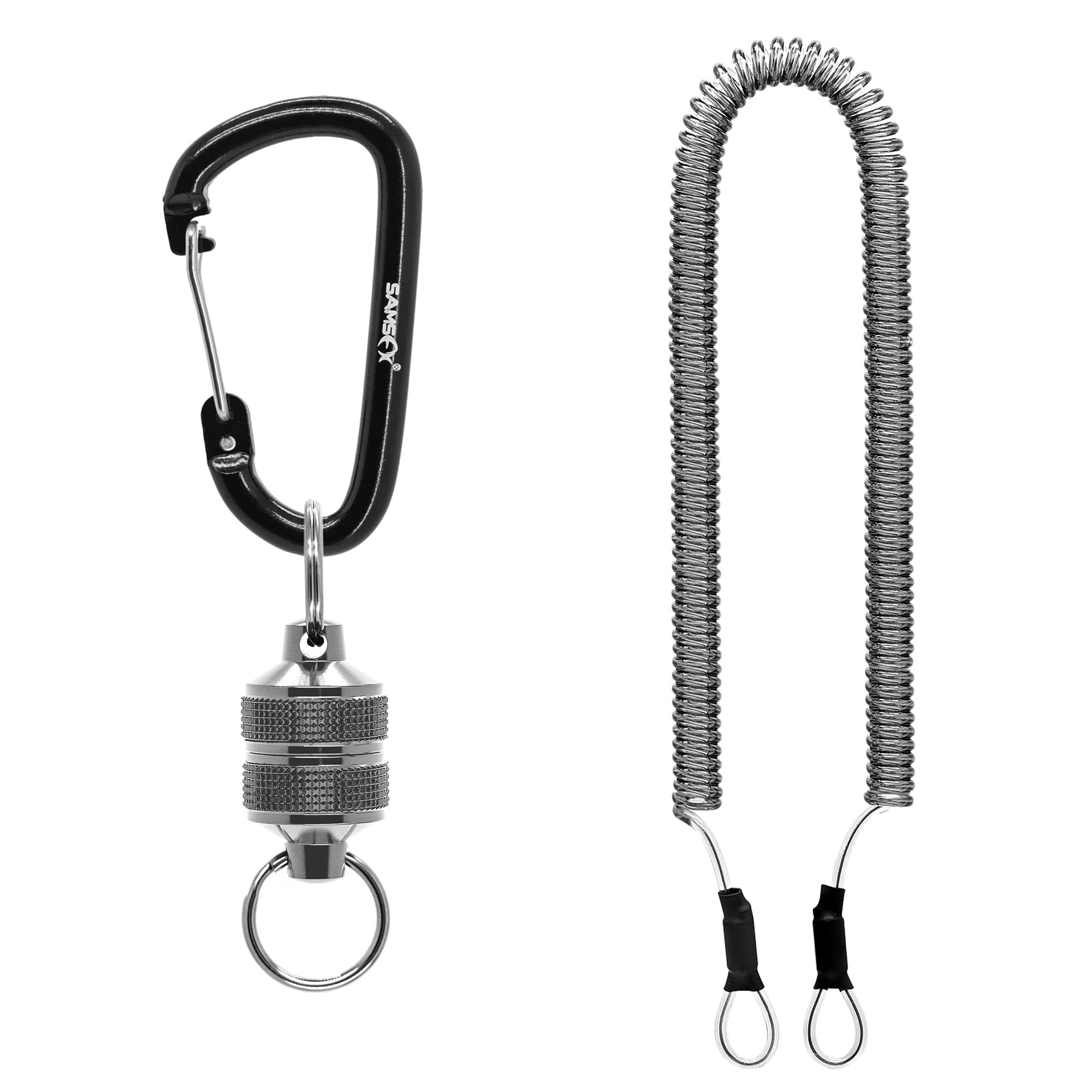 SAMSFX Fly Fishing Magnetic Net Release Holder Keeper Magnet Clip Landing Net Connector with Coiled Lanyard for Cord Free Heavy Gear (Textured Grip Magnet, Gunsmoke)