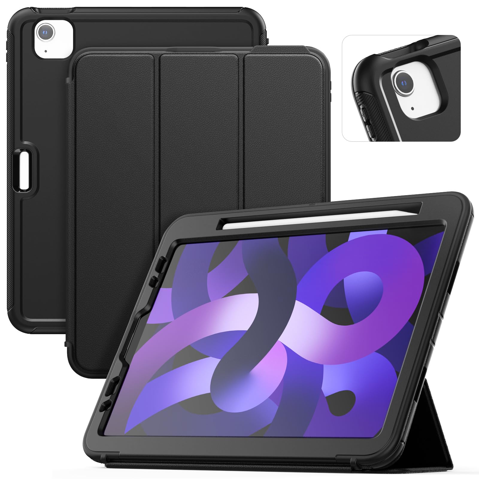 Photo 1 of SEYMAC Case for iPad Air 5th/4th Generation 10.9 Inch, Sturdy Heavy Duty Shockproof Protection Folio Stand Case with Smart Cover Auto Sleep/Wake for iPad Air 5/ Air 4, Black