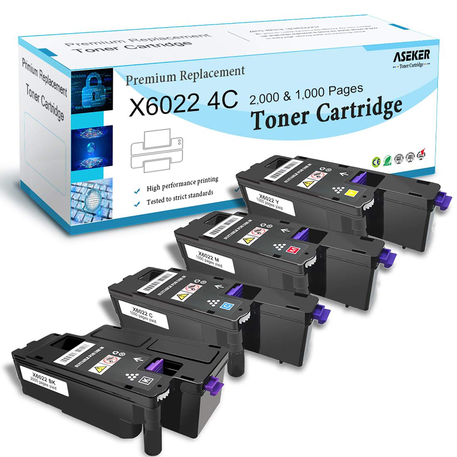 ASEKER Compatible Toner Cartridge for Xerox Phaser 6020 6022 WorkCentre 6025 6027 6028 Printer, High Yield 2000 & 1000 Pages, 106R02759 106R02756 106R02757 106R02758 ( BK/C/M/Y )