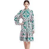 LAI MENG FIVE CATS Women's Floral Print Button Puff Sleeve Pleated Hem Casual Slit Midi Dress with Belt