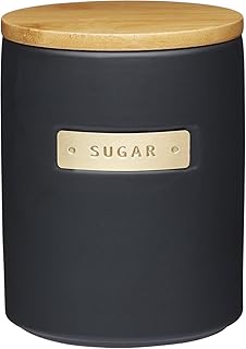 Kitchen Craft MasterClass Zuckerdose aus Steingut mit Messingeffekt, mit luftdichtem Deckel aus Bambus, 1 L (1,75 pt) – schwarz, 25 x 25 cm