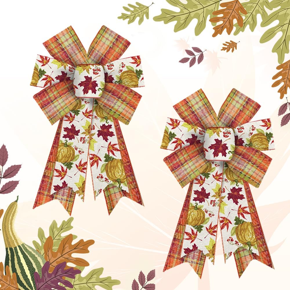 Bows & Ribbons - Hying 2 Pieces Happy Fall Bows for Wreath, Thanksgiving Wreath Bows Orange Burlap Bow Autumn Harvest Pumpkins Leaves Craft Bow Holiday Farmhouse Bows for Front Door Wall Fall Thanksgiving Decorations