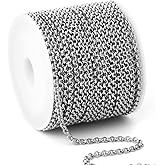 33FT Stainless Steel Rolo O Chains Roll, 2.5mm 304 Stainless Steel Round Rolo Chain Spool Bulk for Jewelry Making
