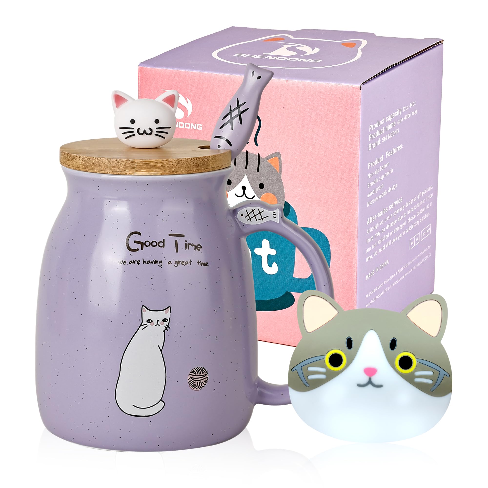 SHENDONG Cute Ceramic Coffee Cup with Kawaii Cat Wooden Lid and Stainless Steel Spoon - Novelty Morning Cup for Cat Lovers (Purple)