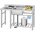 YITAHOME Stainless Steel Freestanding Utility Sink with 2 Drainboards - Single Bowl NSF Commercial Sink for Restaurant, Laundry, Garage - 60in Large Prep Sink with Storage Shelf for Outdoor Use