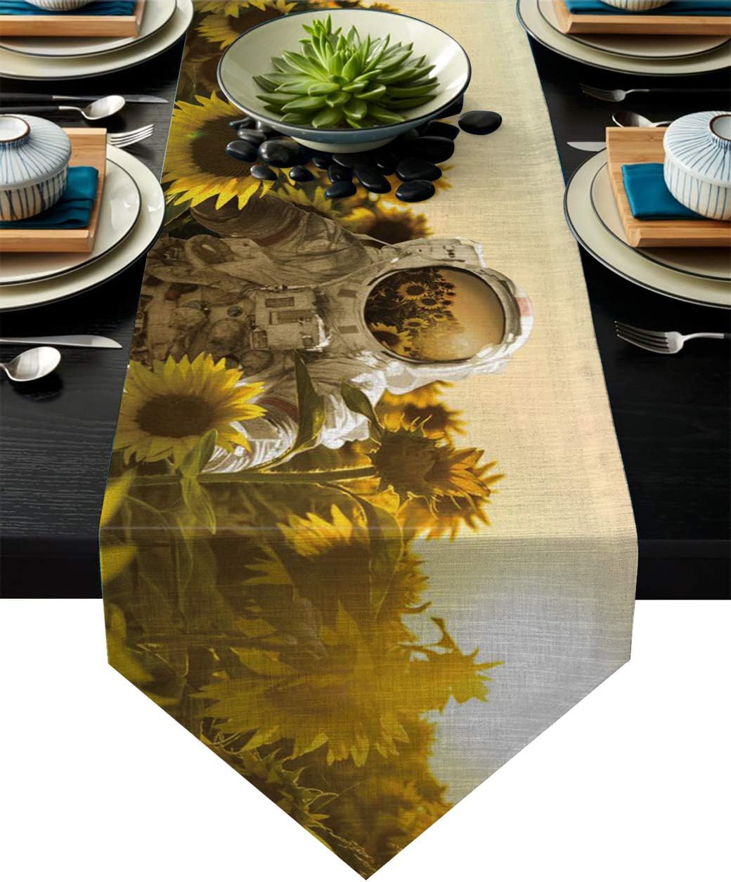 SODIKA Table Runner Linen Burlap Table Cloth Runner for Kitchen Wedding Holiday Parties Events Decoration,Linen Burlap Table Runner Dresser Scarves,Astronaut 13 X 90 in