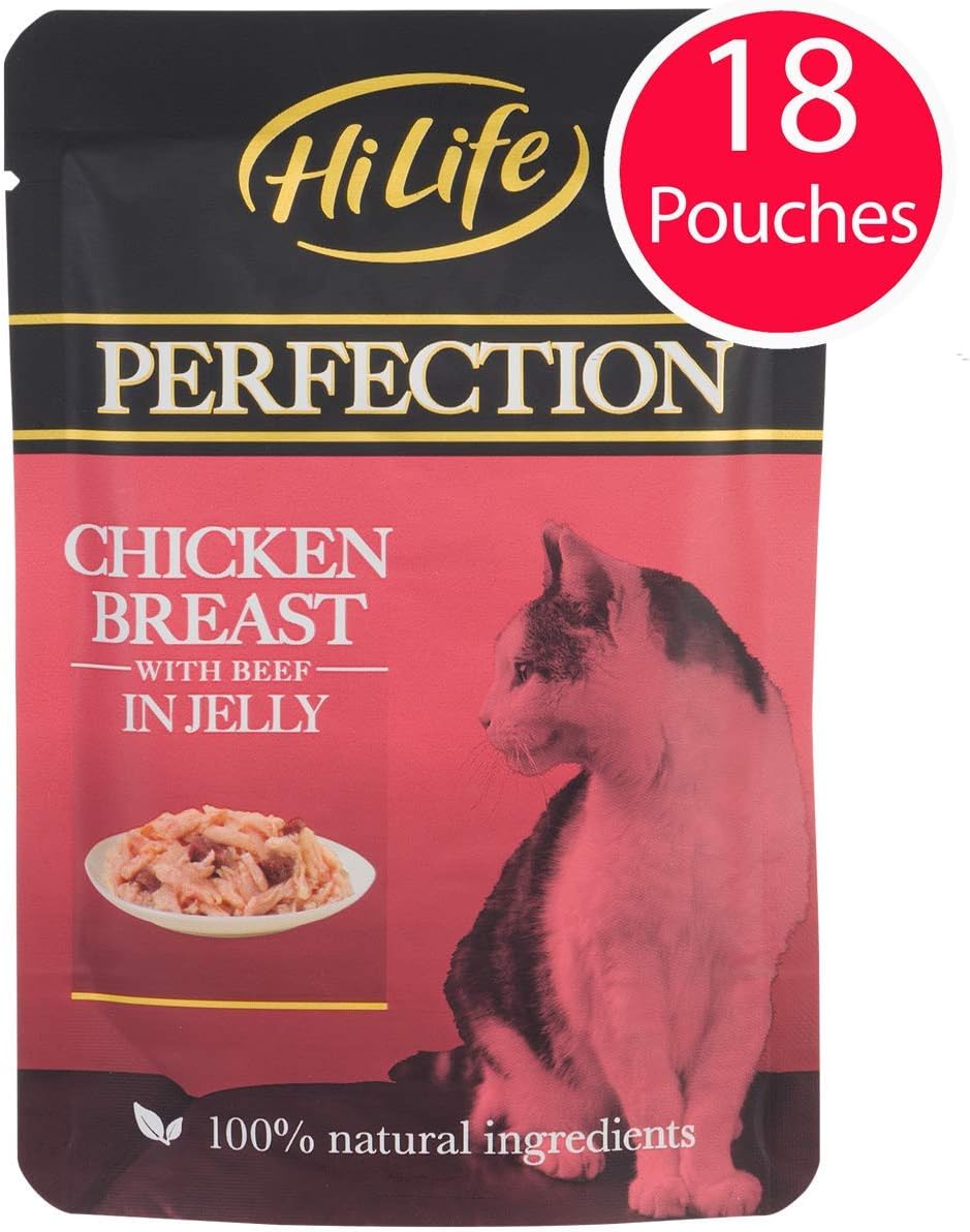 HiLife Perfection Cat Food Chicken Breast with Beef in Jelly, 18 x 70 g