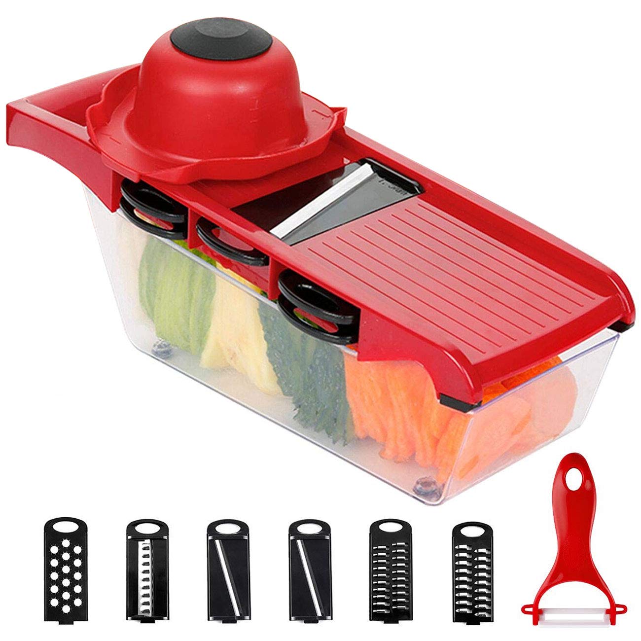 6 in 1 Mandoline Slicer, Multi-Function Fruit and Veg Cutter, Interchangeable Stainless Steel Blade with Food Container, Peeler, Hand Protector, Julienne Slice for Potato Tomato Onion Vegetable