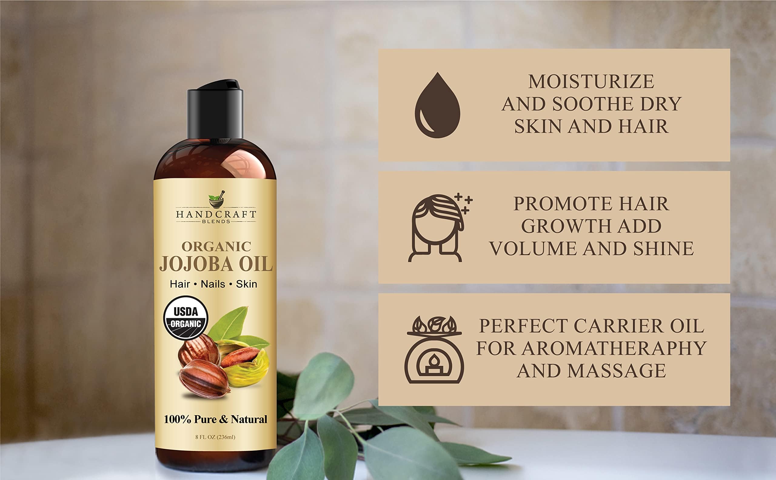 Handcraft Blends USDA Organic Jojoba Oil | Cold-Pressed | 8 Fl Oz | 100% Pure & Natural | for Hair, Skin & Face | Premium Grade Carrier Oil | for Massage & Aromatherapy | Hexane-Free