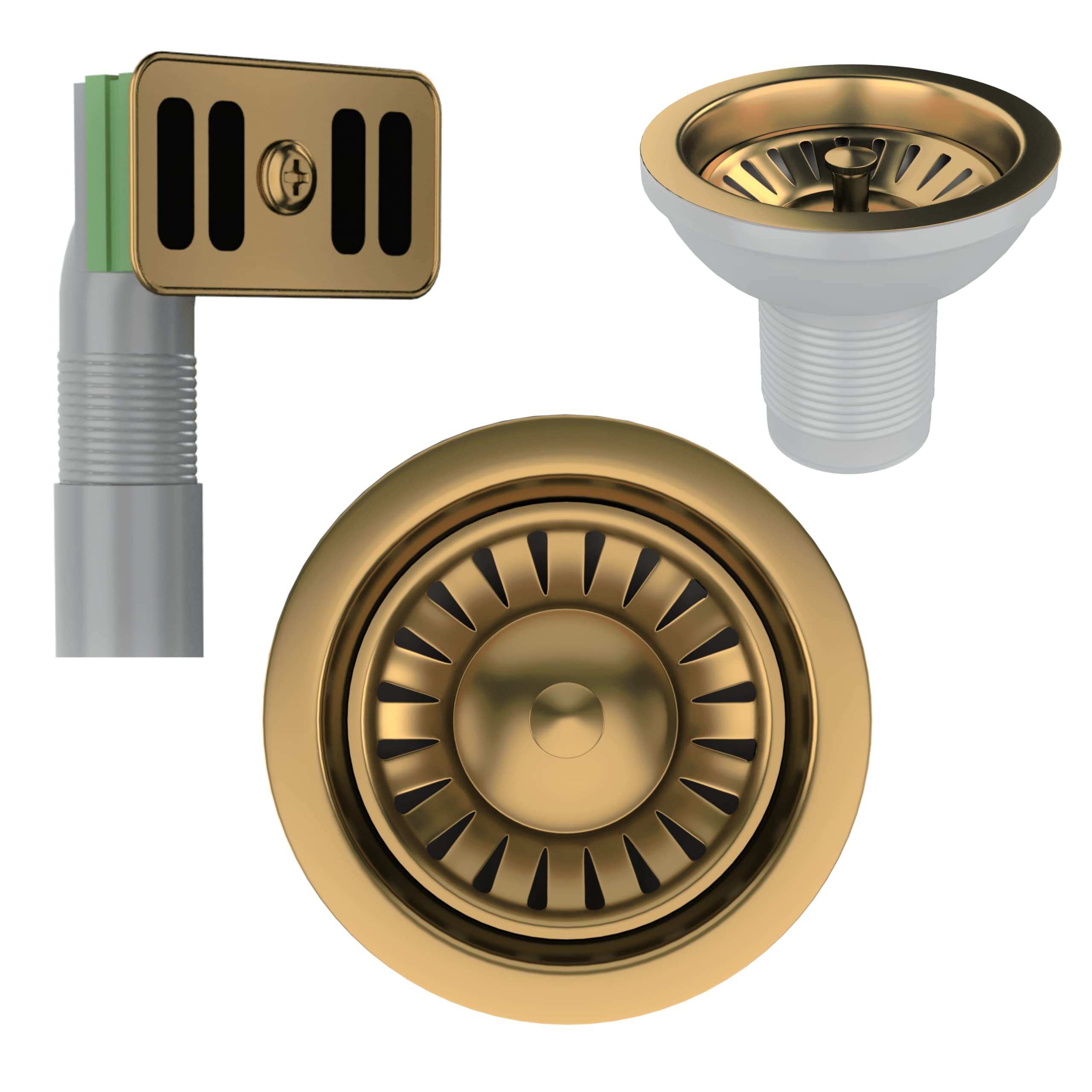 Excel Home Kitchen Sink Waste Kit, 90mm Sink Waste Strainer with Overflow Pipes and Round Drain Cover (Satin Gold) (with Overflow)