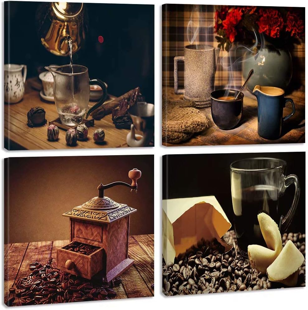 Amazon Com Tonzom 4 Piece Canvas Wall Art Hot Coffee And Coffee Beans Canvas Art Stretched And Framed Ready To Hang Modern Bathroom Decor Posters Prints