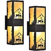 SendaLife Rustic Exterior Wall Lights with Deer Pattern, Black Outside Lights with Warm Amber Lampshade, Waterproof Up and Do
