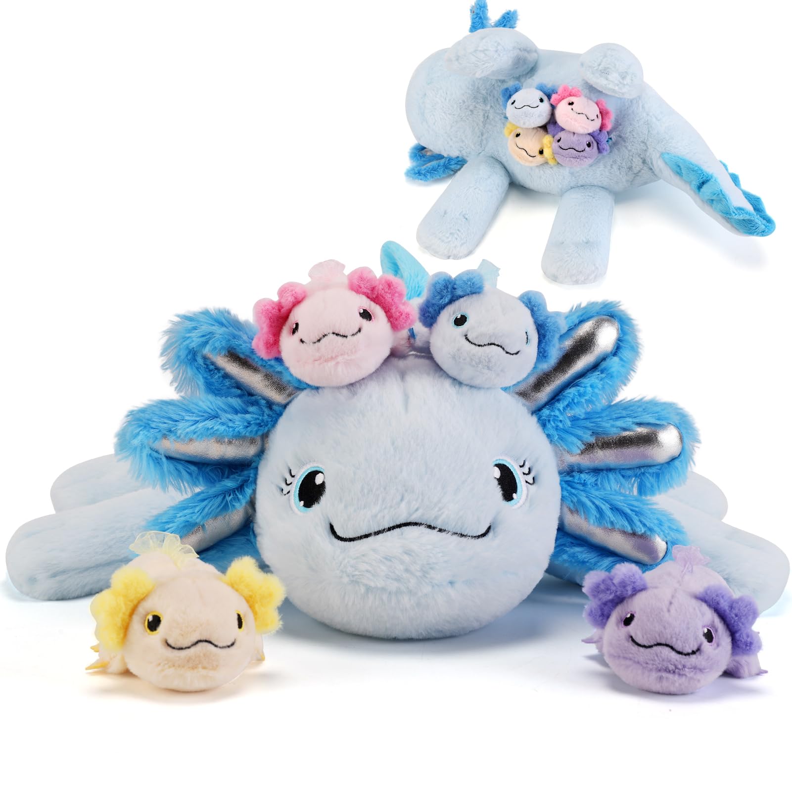 Photo 1 of gnomantic 5 Pieces Axolotl Stuffed Animals with Babies Inside Belly - 1 Mommy Stuffed Axolotl with 4 Babies - Blue Axolotls Plush Toy for Kid Age 3-8, Gift Ideal for Christmas, Valentine's, Birthday