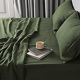 XZ XIFA Green Linen Sheets - 100% Washed French Flax Organic Linen, Queen Size Cooling Sheets Set for Hot Sleepers (1 Flat, 1 Fitted, 2 Pillowcases)