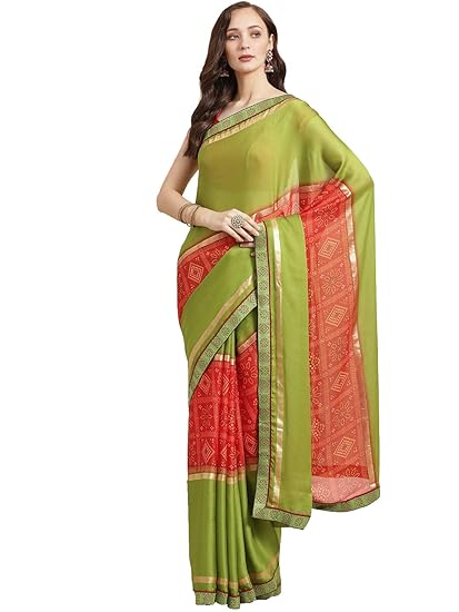 Shaily Womens Georgette Bandhani Print with Lace Border Saree[Green]