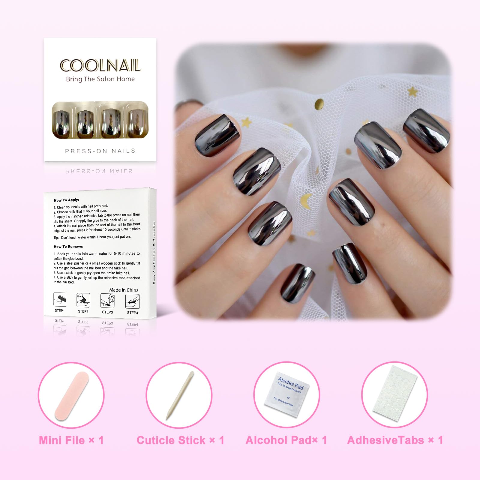 Coolnail Dark Smoky Gray Reflective Mirror Metal Plating False French Acrylic Nail Tips Punk Metallic Square Fake Nails With Glue Sticker - Image 2