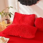 Red Plush Pillow Covers, Fuzzy Fluffy Furry Shaggy Faux Fur Pillow Cases for Bedroom décor, Soft red Pillow Covers 26"x20" with Zipper Closure, Decorative Set of 2