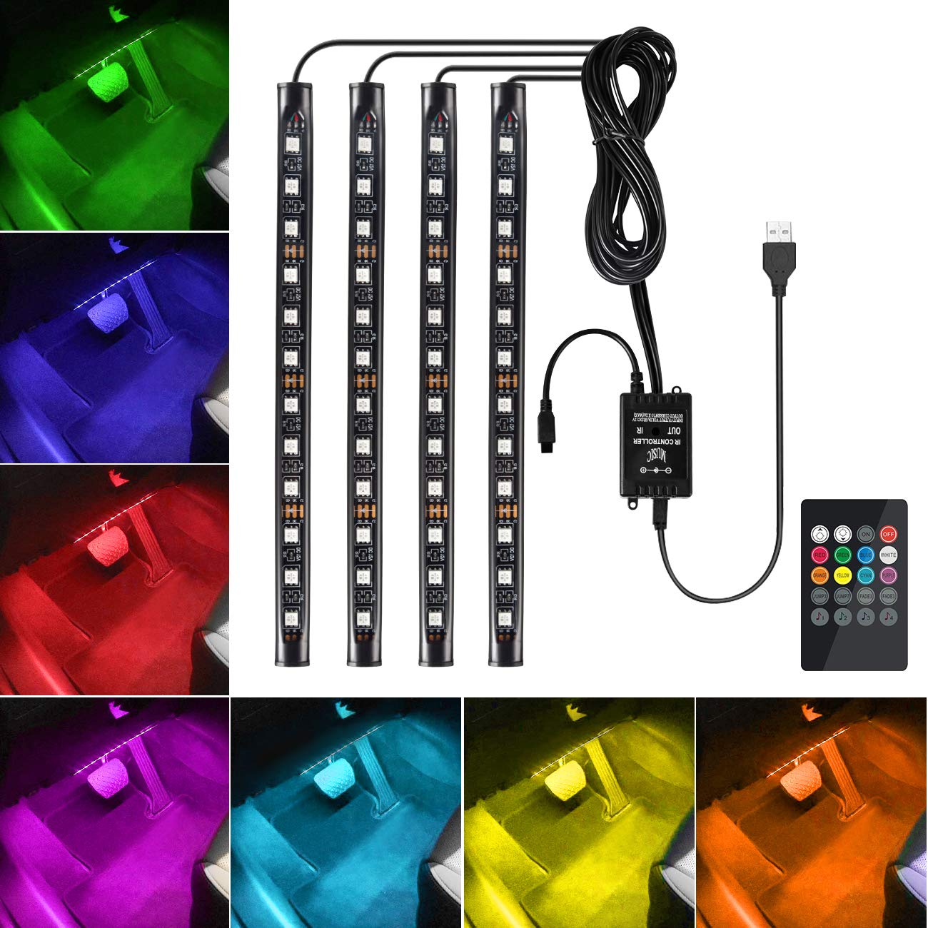 Favoto 4Pcs of Car Interior RGB Strip Light USB Connection 12LED with 8 Colors and 4 Music Modes Switchable Brightness Adjustable DC 5V for Car