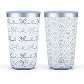 Ello 2 Pack 16oz Stainless Steel Stacking Cups with Easy Press Lids | Pint Size Reusable Tumblers for Parties, Home, Camping, Outdoor | Keeps Cold for 16 Hours, Dishwasher Safe | Bows & Flowers
