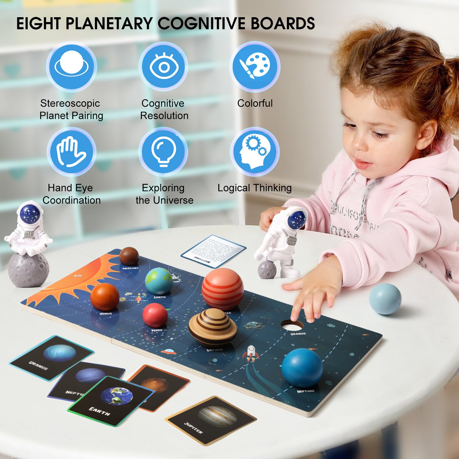 Wooden Solar System Model Board，Kids Solar System，Montessori Planet Toys,Educational Planets Balls,Preschool Learning Puzzle，Space Learning Toys
